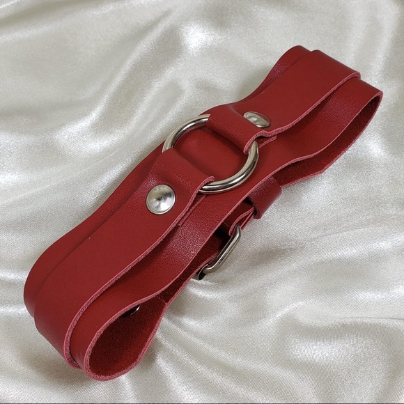 Layer Leather Caged Frame O Burgundy Choker - Picture 3 of 8